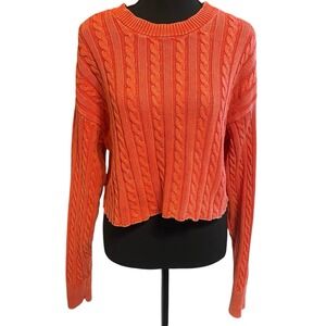 Aerie Cropped Sweater L Coral Red Cable Knit Round Neck Y2K Grunge Preppy